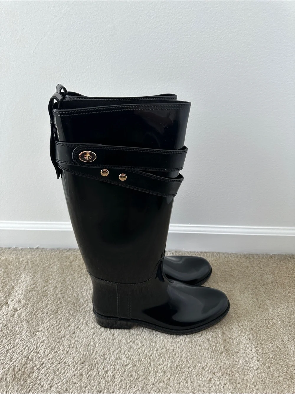 Coach Patent Black Knee-High Rain Boots with Gold Accent